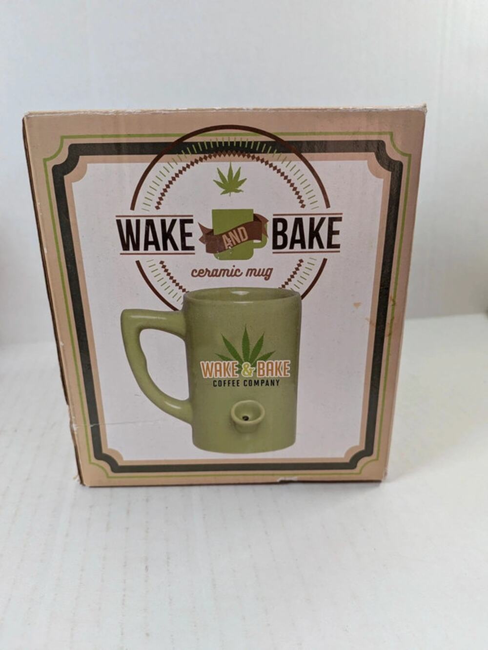 Wake & Bake Coffee Co Mug Pipe Green Ceramic 10oz Coffee Cup NEW Box